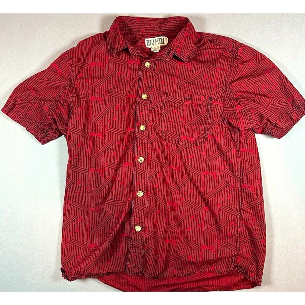 Duluth Trading Co Mens M Regular Red/Black Geometric Cotton SS Pockets Woven